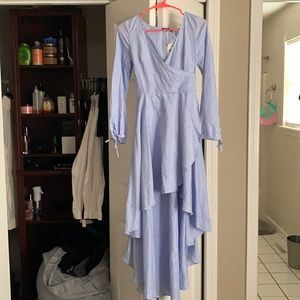 White and blue strip high low dress